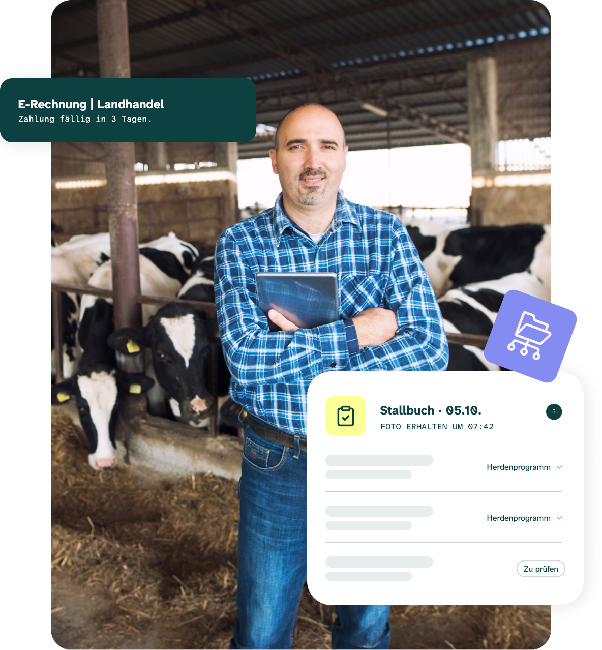 Landwirt mit Tablet im Stall: Futuralleva Dati überträgt das Stallbuch ins Programm und meldet fällige Rechnungen