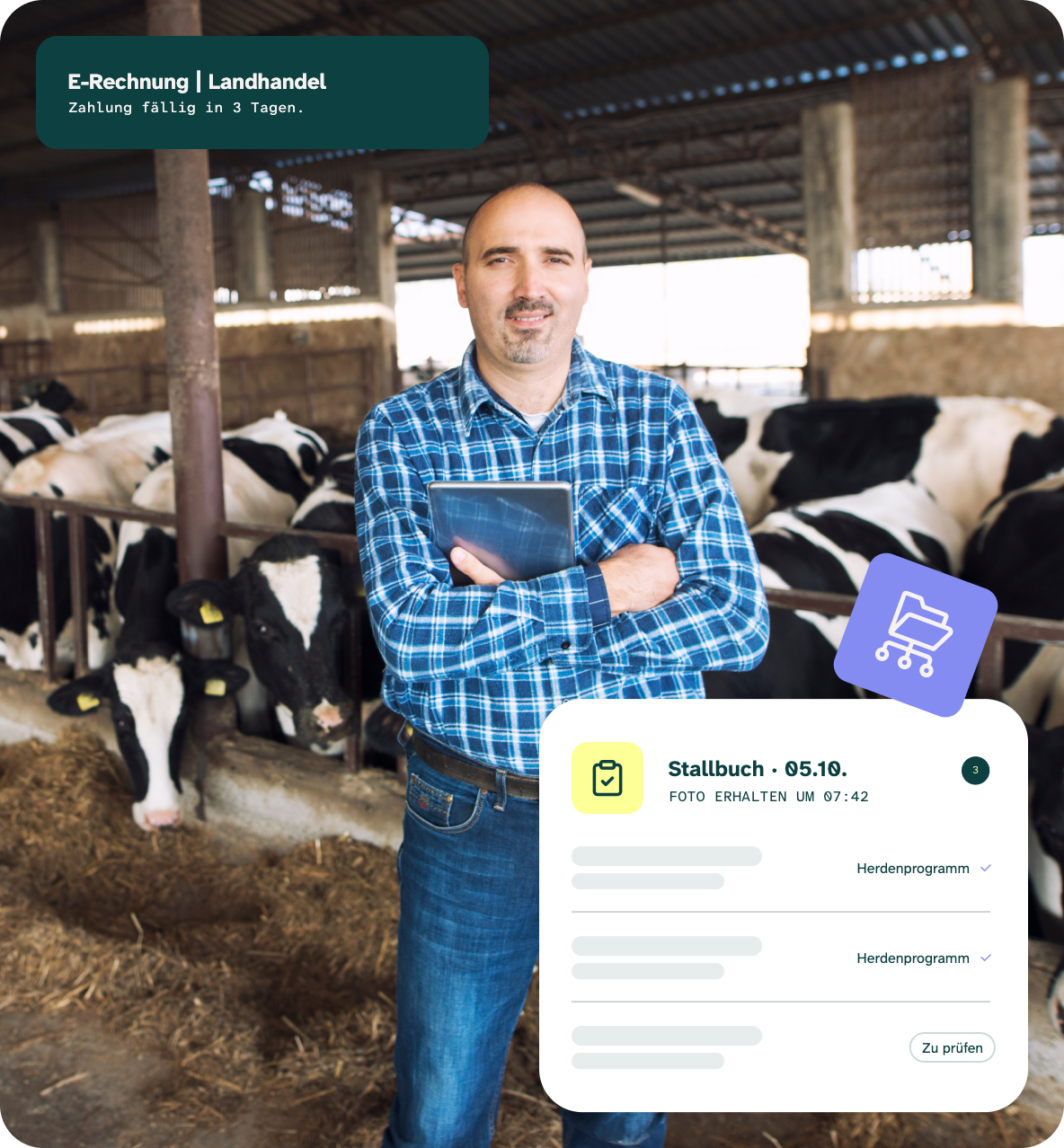 Landwirt mit Tablet im Stall: Futuralleva Dati überträgt das Stallbuch ins Programm und meldet fällige Rechnungen